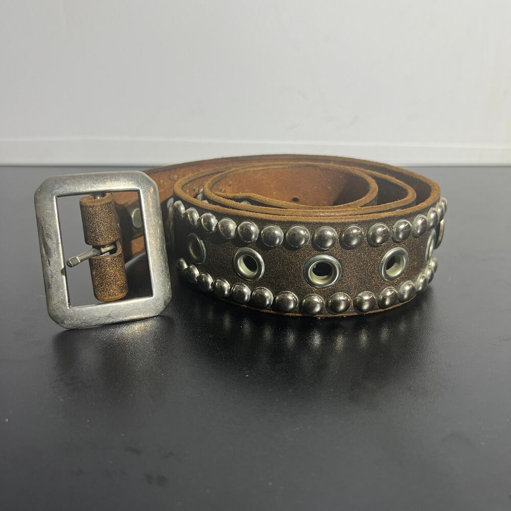 HTC Hollywood Trading Company Studded Grommet Leather Belt Brown 40" Italy